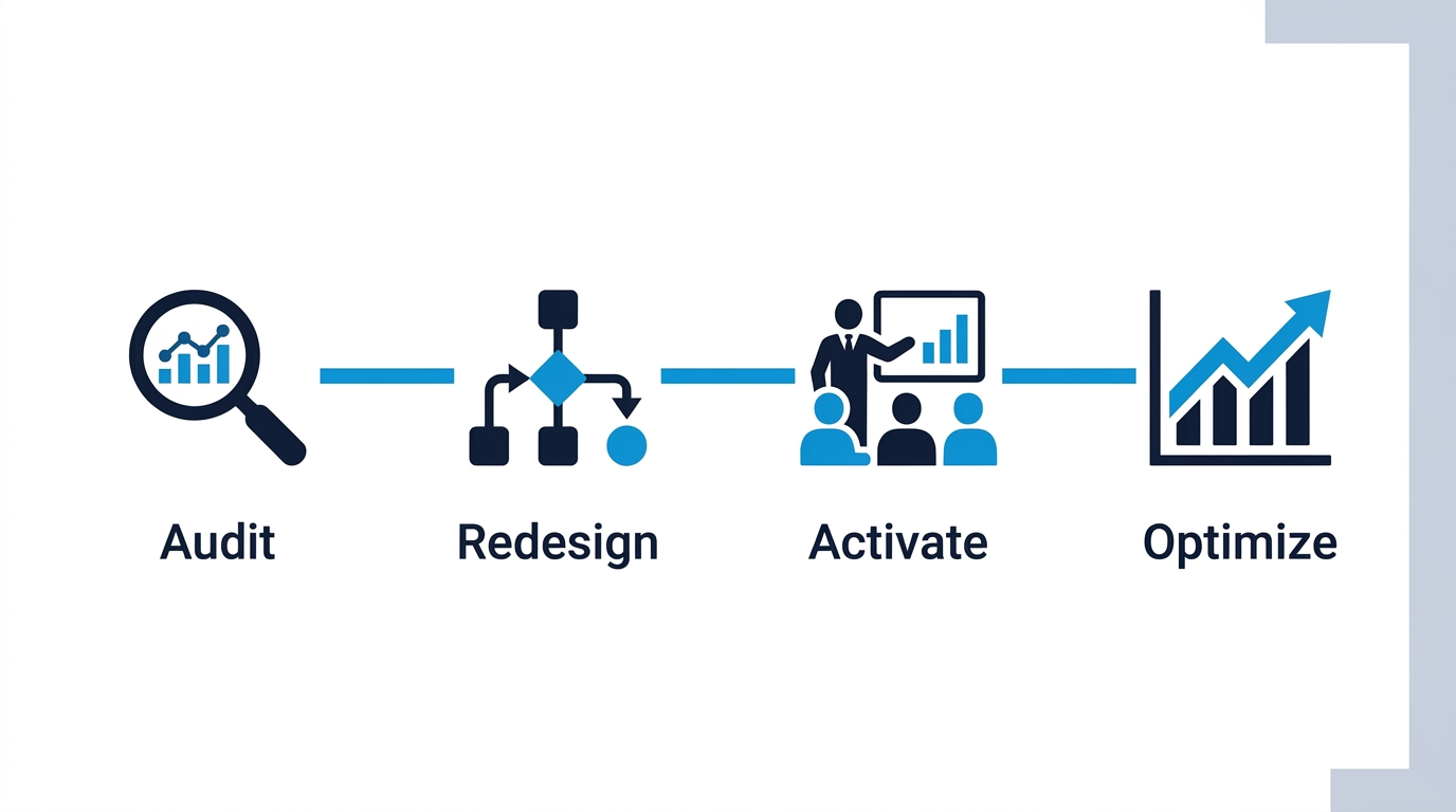 How It Works: 4-Step Process Timeline (Audit, Redesign, Activate, Optimize)